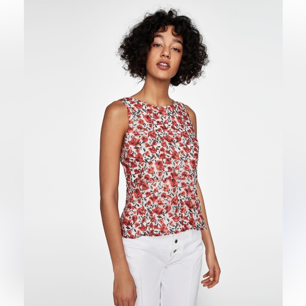 Zara Red Floral Sleeveless Blouse